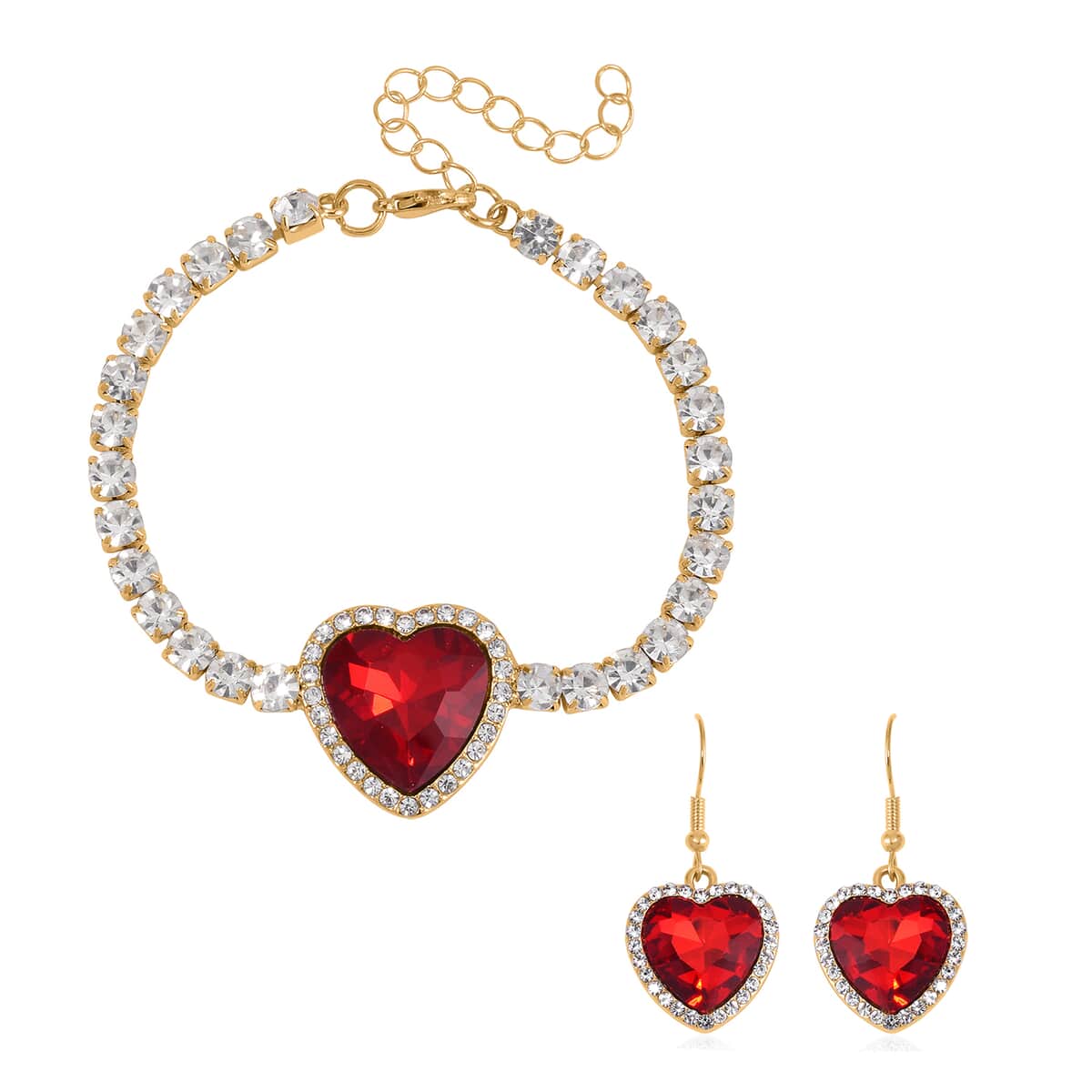 Red Glass and Austrian Crystal Heart Bracelet (7.50-9.50In) and Earrings in Goldtone image number 0