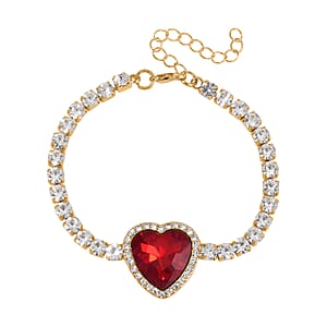Red Glass and Austrian Crystal Heart Bracelet (7.50-9.50In) and Earrings in Goldtone