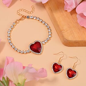 Red Glass and Austrian Crystal Heart Bracelet (7.50-9.50In) and Earrings in Goldtone