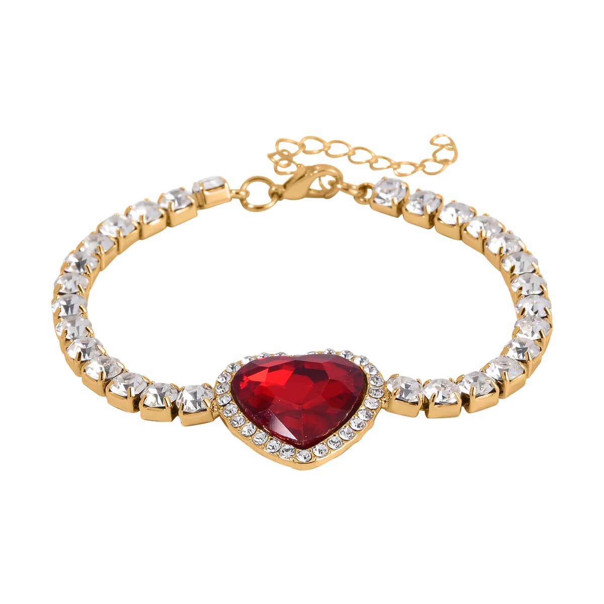 Red Glass and Austrian Crystal Heart Bracelet (7.50-9.50In) and Earrings in Goldtone image number 2