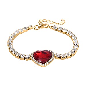 Red Glass and Austrian Crystal Heart Bracelet (7.50-9.50In) and Earrings in Goldtone