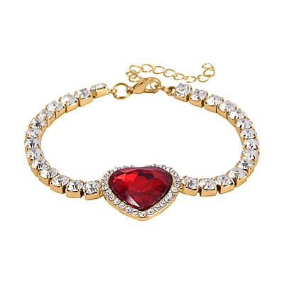 Red Glass and Austrian Crystal Heart Bracelet (7.50-9.50In) and Earrings in Goldtone