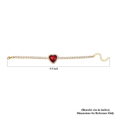 Red Glass and Austrian Crystal Heart Bracelet (7.50-9.50In) and Earrings in Goldtone