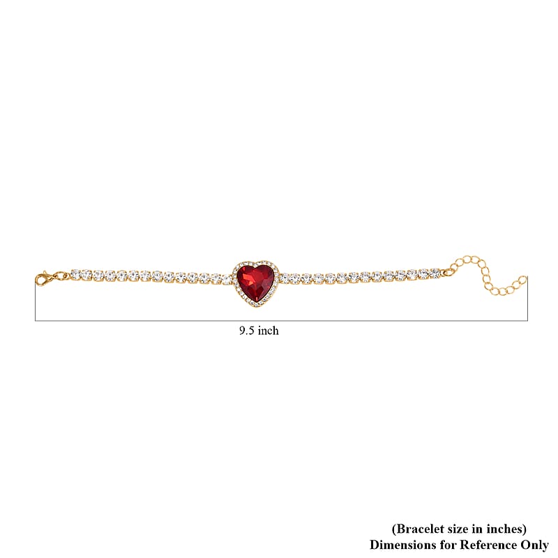 Red Glass and Austrian Crystal Heart Bracelet (7.50-9.50In) and Earrings in Goldtone