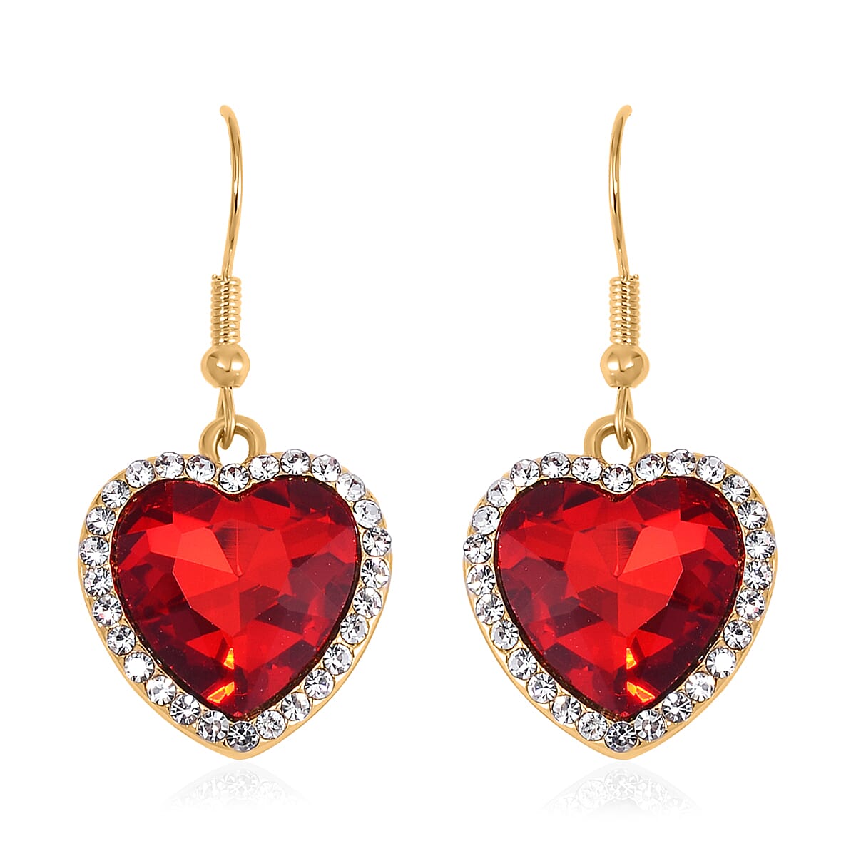 Red Glass and Austrian Crystal Heart Bracelet (7.50-9.50In) and Earrings in Goldtone