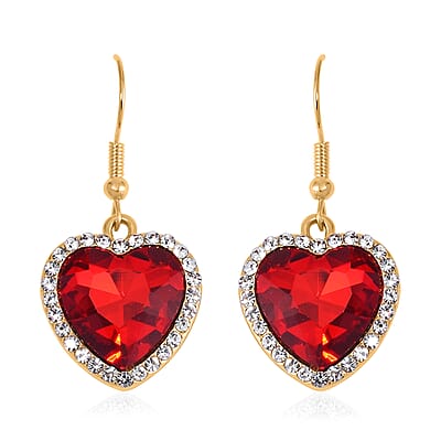 Red Glass and Austrian Crystal Heart Bracelet (7.50-9.50In) and Earrings in Goldtone