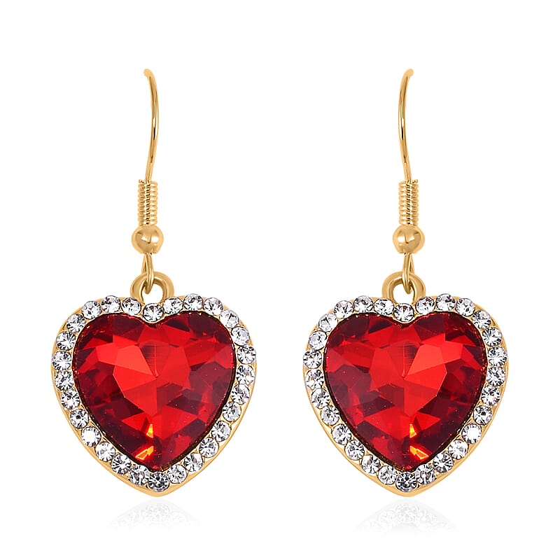 Red Glass and Austrian Crystal Heart Bracelet (7.50-9.50In) and Earrings in Goldtone