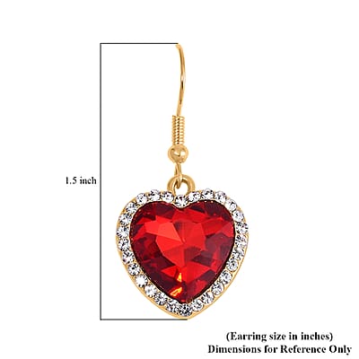 Red Glass and Austrian Crystal Heart Bracelet (7.50-9.50In) and Earrings in Goldtone