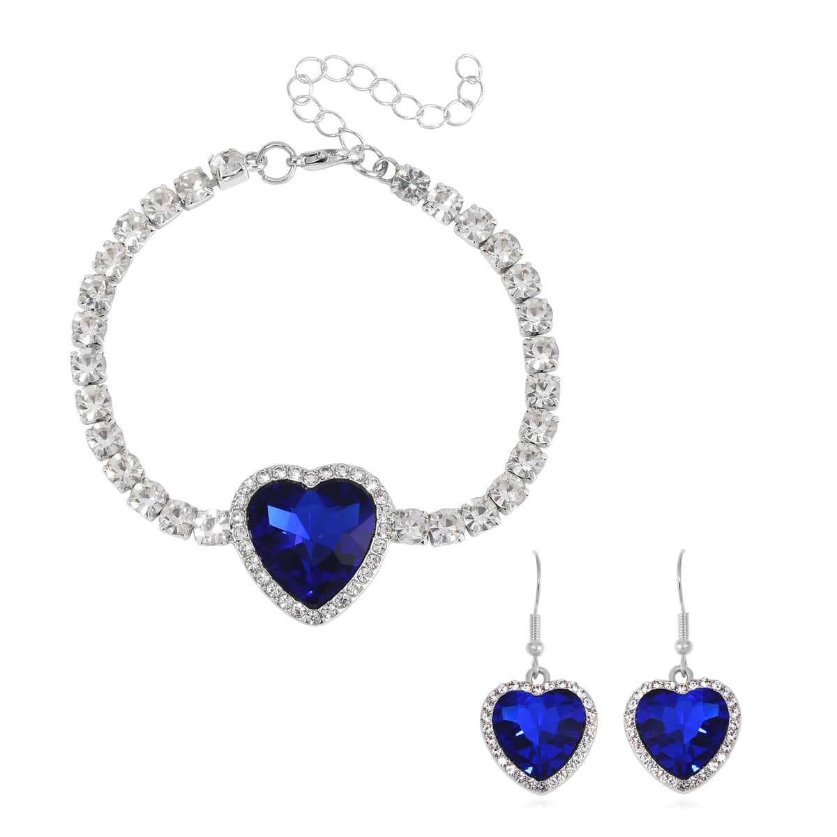 Sapphire Blue Glass and Austrian Crystal Heart Bracelet (7.50-9.50In) and Earrings in Silvertone image number 0