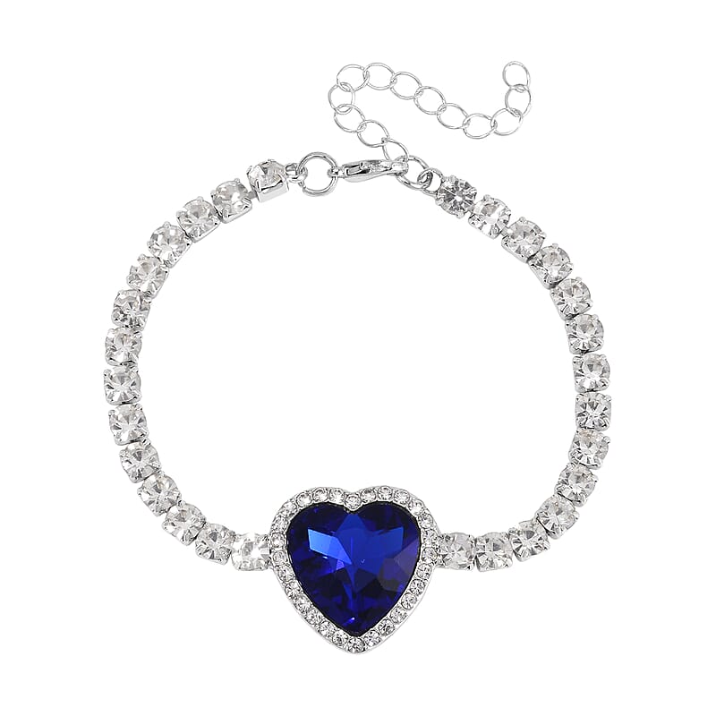 Sapphire Blue Glass and Austrian Crystal Heart Bracelet (7.50-9.50In) and Earrings in Silvertone