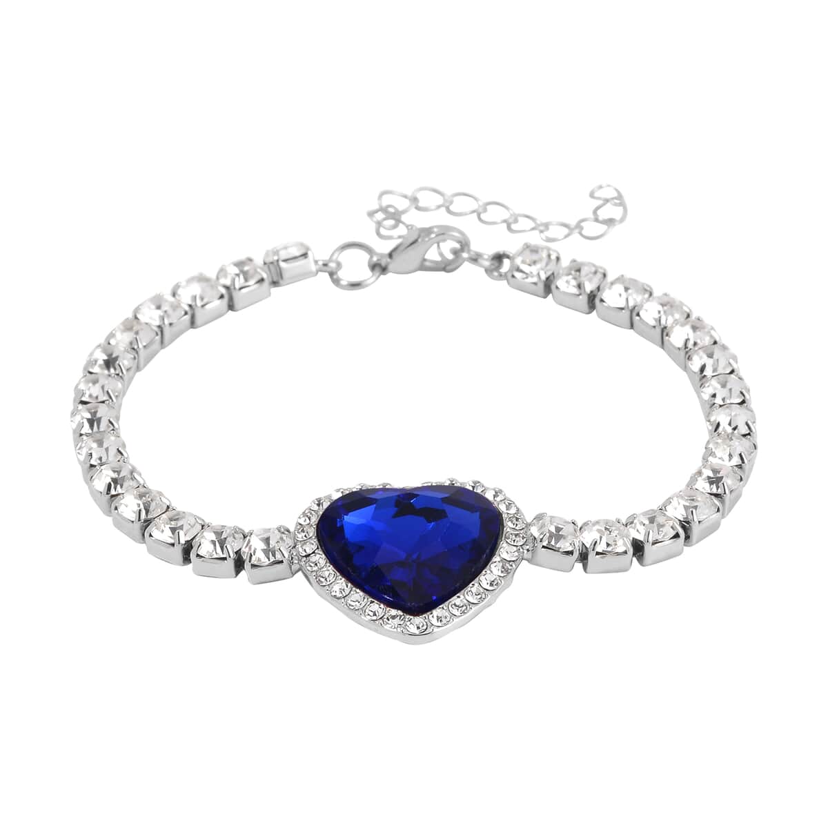 Sapphire Blue Glass and Austrian Crystal Heart Bracelet (7.50-9.50In) and Earrings in Silvertone image number 2