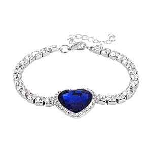 Sapphire Blue Glass and Austrian Crystal Heart Bracelet (7.50-9.50In) and Earrings in Silvertone