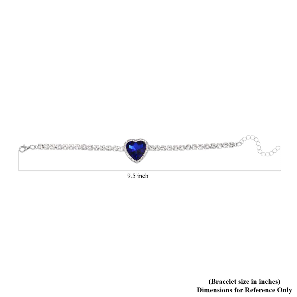 Sapphire Blue Glass and Austrian Crystal Heart Bracelet (7.50-9.50In) and Earrings in Silvertone image number 4