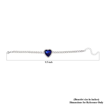 Sapphire Blue Glass and Austrian Crystal Heart Bracelet (7.50-9.50In) and Earrings in Silvertone