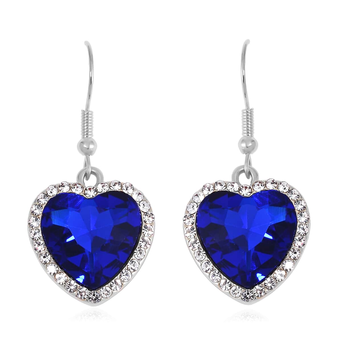 Sapphire Blue Glass and Austrian Crystal Heart Bracelet (7.50-9.50In) and Earrings in Silvertone image number 5