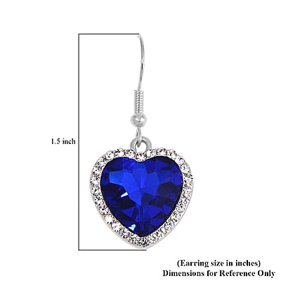 Sapphire Blue Glass and Austrian Crystal Heart Bracelet (7.50-9.50In) and Earrings in Silvertone