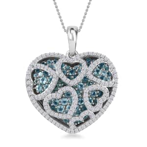 Madagascar Paraiba Apatite and Moissanite Heart Pendant Necklace 20 Inches in Platinum Over Sterling Silver 4.90 ctw