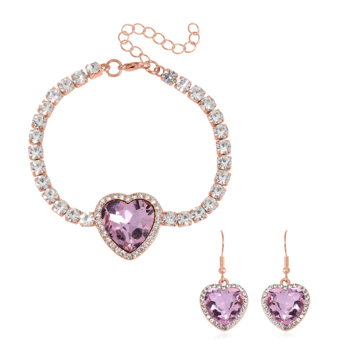 Pink Glass and Austrian Crystal Heart Bracelet (7.50-9.50In) and Earrings in Rosetone image number 0