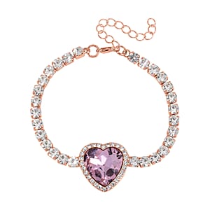 Pink Glass and Austrian Crystal Heart Bracelet (7.50-9.50In) and Earrings in Rosetone