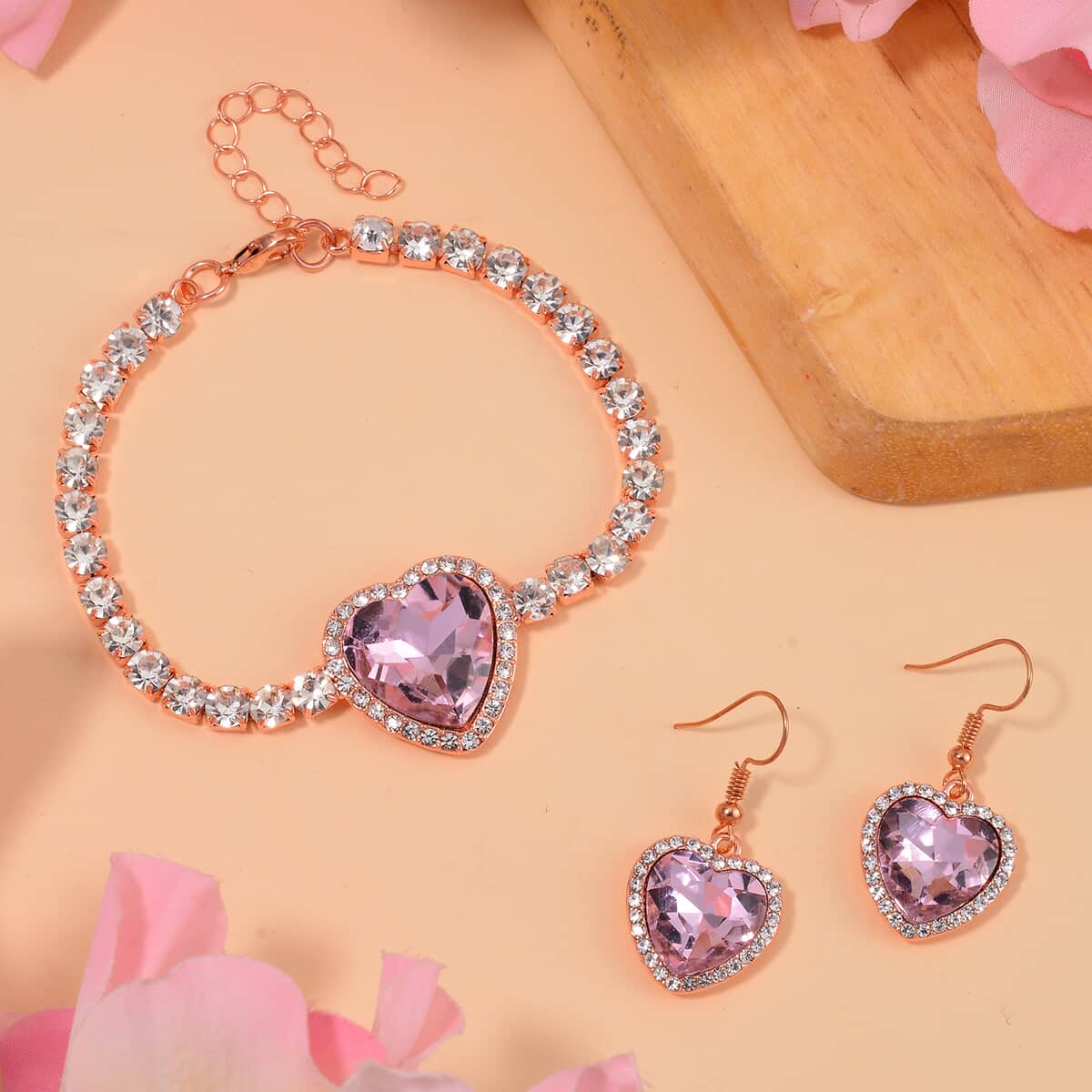 Pink Glass and Austrian Crystal Heart Bracelet (7.50-9.50In) and Earrings in Rosetone image number 1