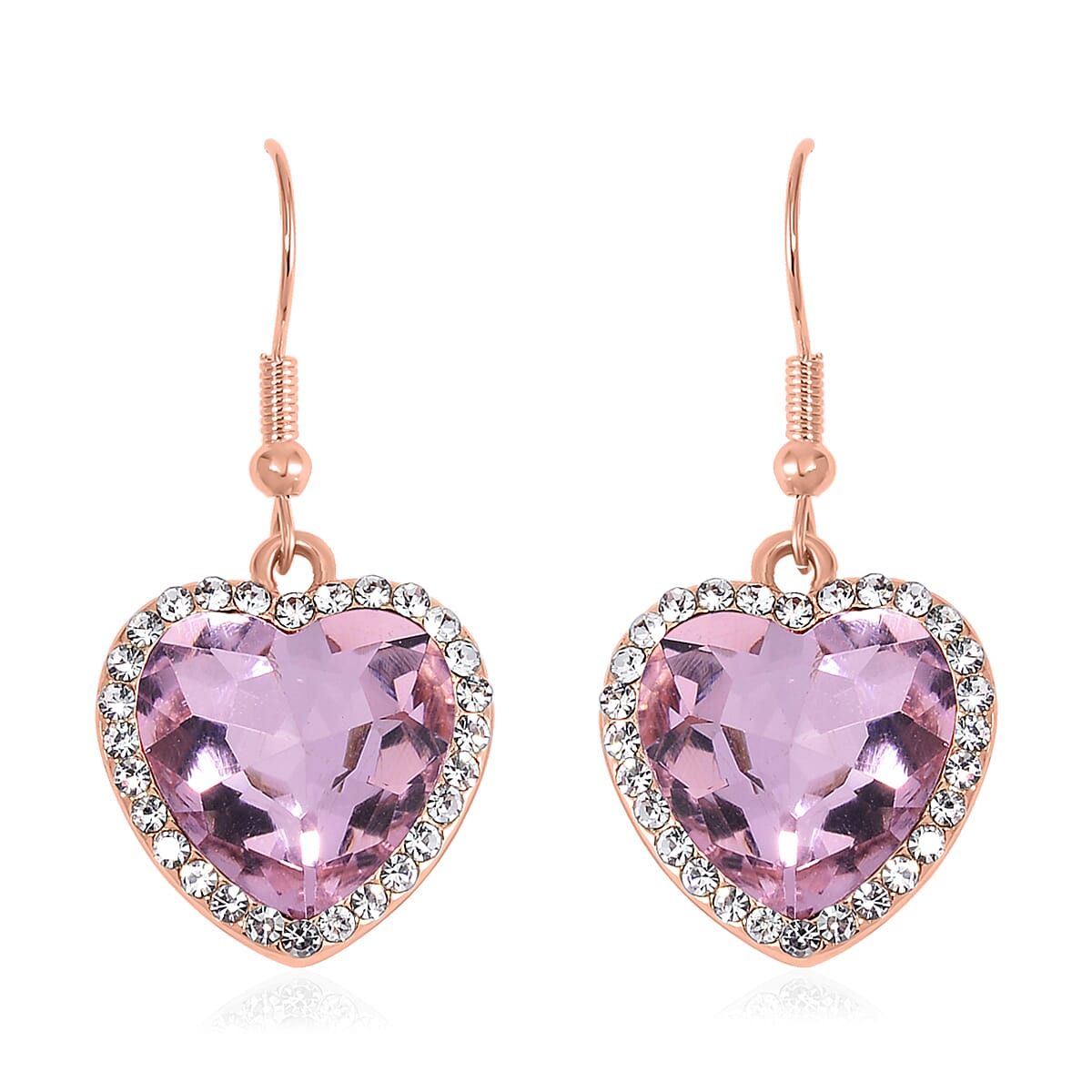 Pink Glass and Austrian Crystal Heart Bracelet (7.50-9.50In) and Earrings in Rosetone