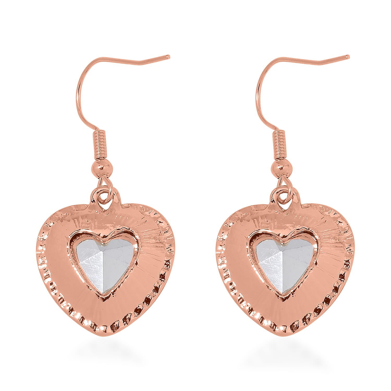 Pink Glass and Austrian Crystal Heart Bracelet (7.50-9.50In) and Earrings in Rosetone