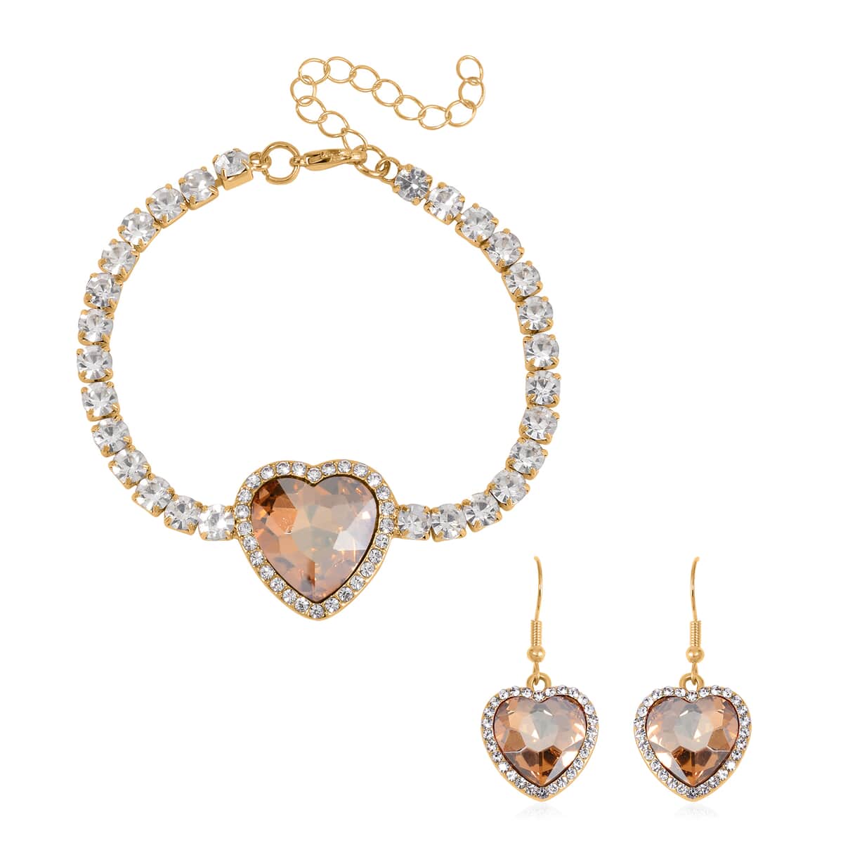 Champagne Glass and Austrian Crystal Heart Bracelet (7.50-9.50In) and Earrings in Goldtone image number 0