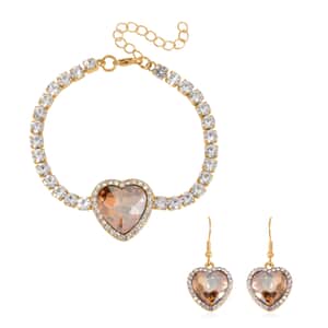 Champagne Glass and Austrian Crystal Heart Bracelet (7.50-9.50In) and Earrings in Goldtone