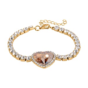 Champagne Glass and Austrian Crystal Heart Bracelet (7.50-9.50In) and Earrings in Goldtone