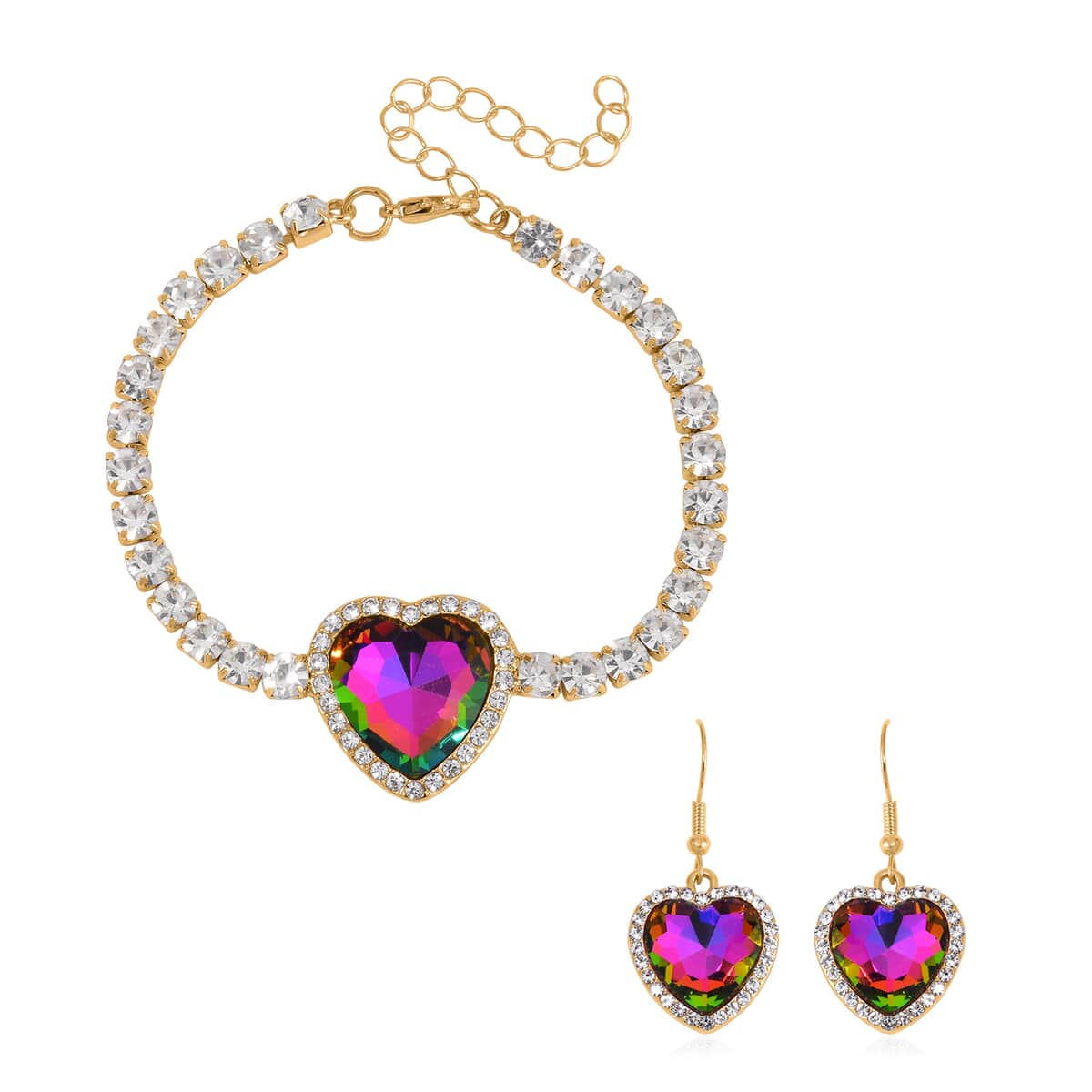 Magic Color Glass and Austrian Crystal Heart Bracelet (7.50-9.50In) and Earrings in Goldtone image number 0