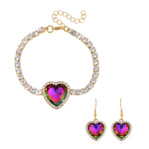 Magic Color Glass and Austrian Crystal Heart Bracelet (7.50-9.50In) and Earrings in Goldtone