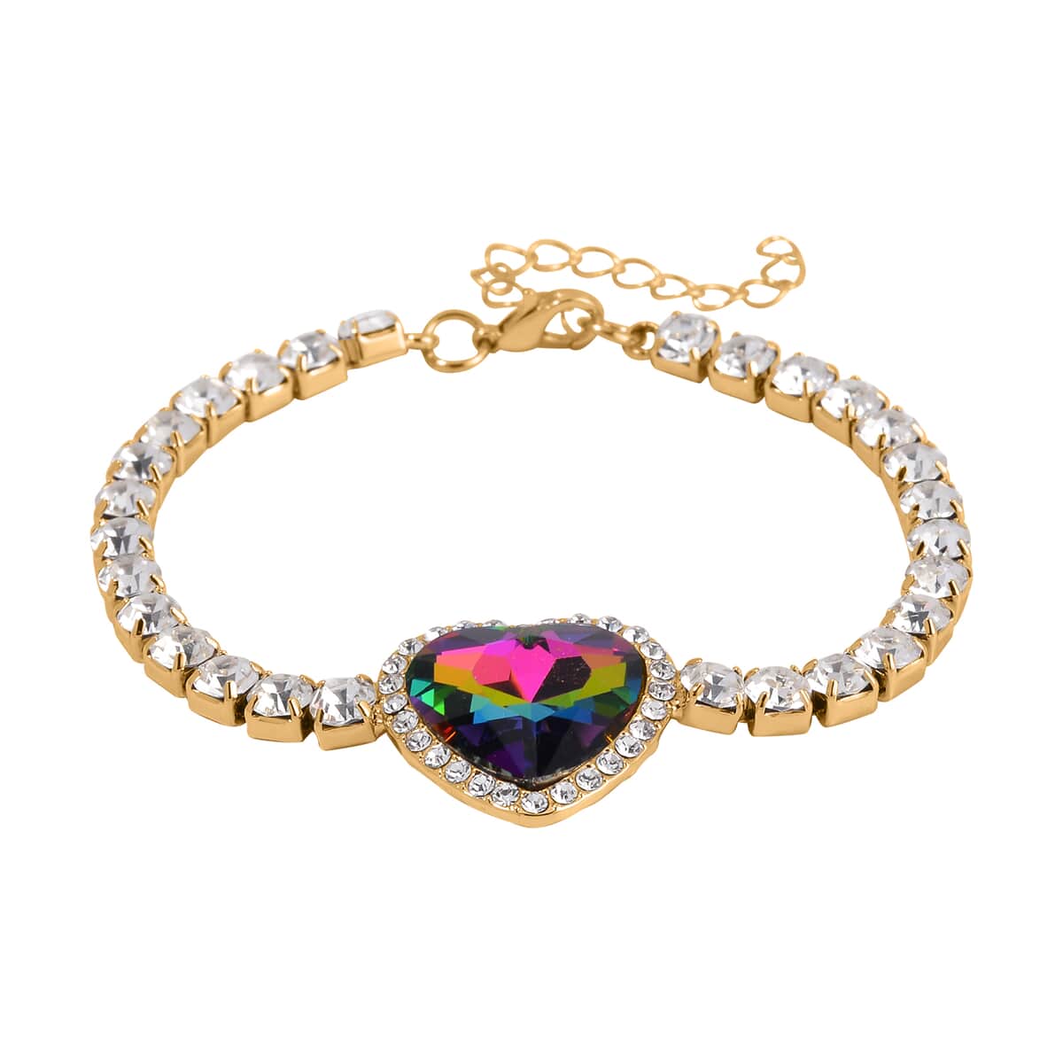 Magic Color Glass and Austrian Crystal Heart Bracelet (7.50-9.50In) and Earrings in Goldtone image number 2