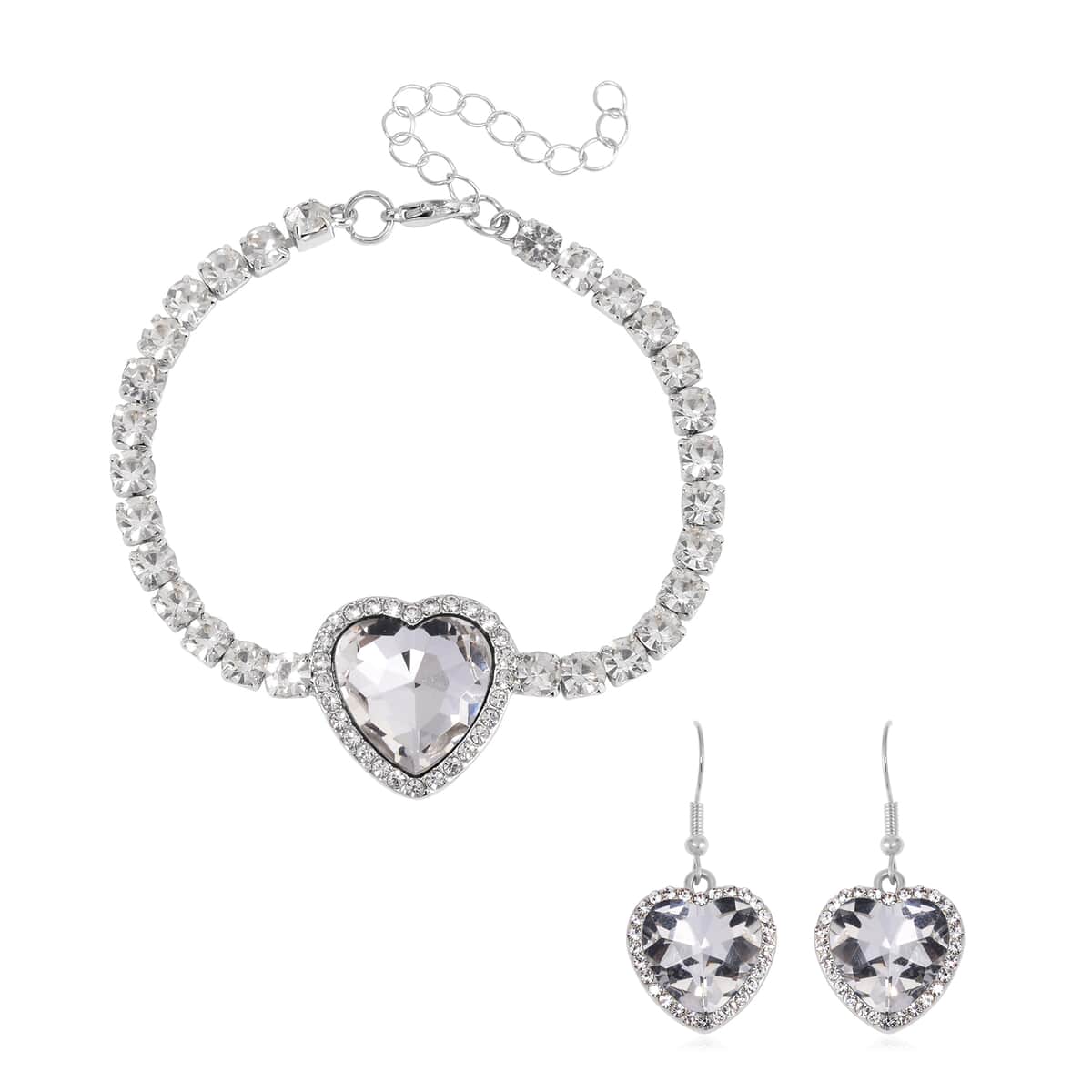 White Glass and Austrian Crystal Heart Bracelet (7.50-9.50In) and Earrings in Silvertone image number 0