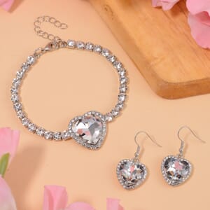 White Glass and Austrian Crystal Heart Bracelet (7.50-9.50In) and Earrings in Silvertone