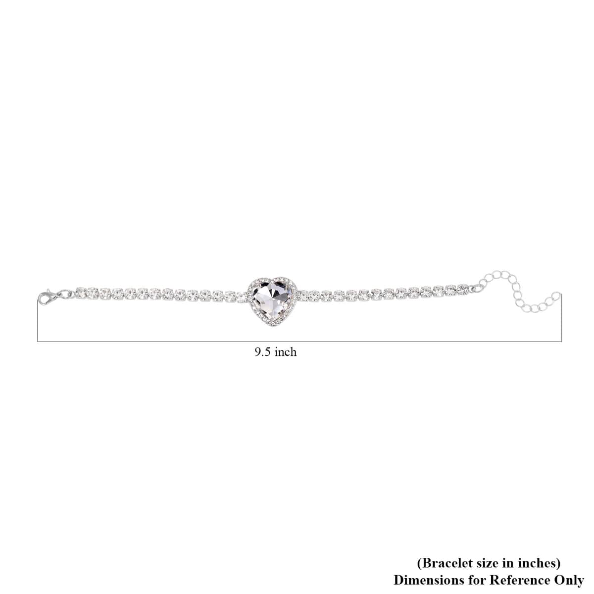 White Glass and Austrian Crystal Heart Bracelet (7.50-9.50In) and Earrings in Silvertone image number 4