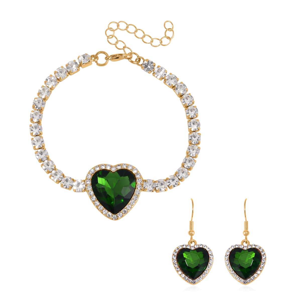 Chrome Green Glass and Austrian Crystal Heart Bracelet (7.50-9.50In) and Earrings in Goldtone image number 0
