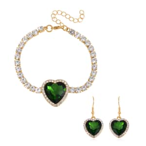 Chrome Green Glass and Austrian Crystal Heart Bracelet (7.50-9.50In) and Earrings in Goldtone