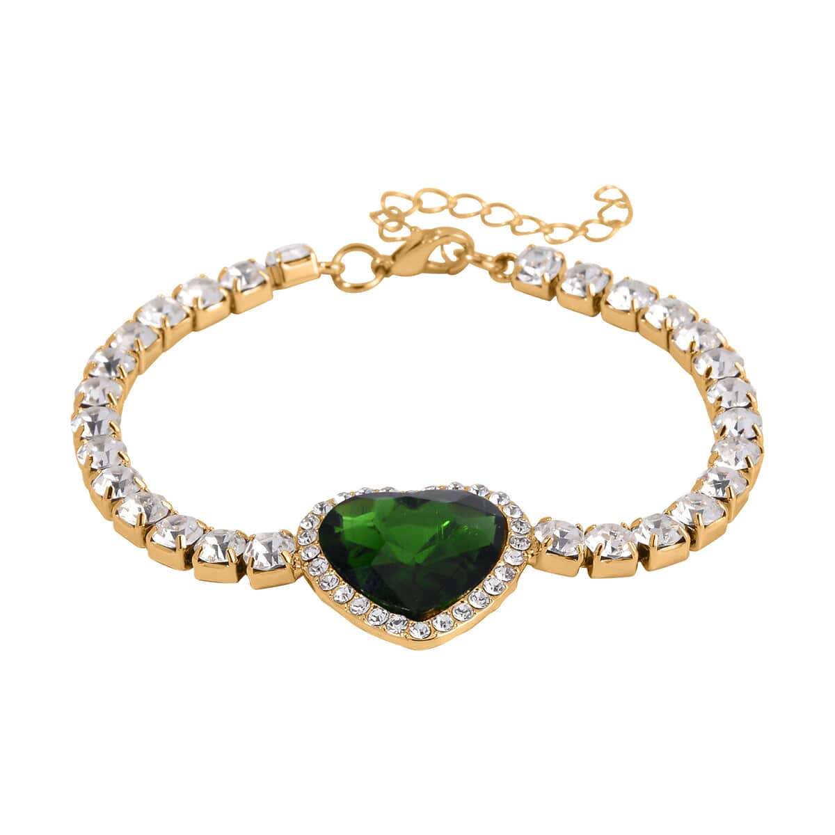 Chrome Green Glass and Austrian Crystal Heart Bracelet (7.50-9.50In) and Earrings in Goldtone image number 2