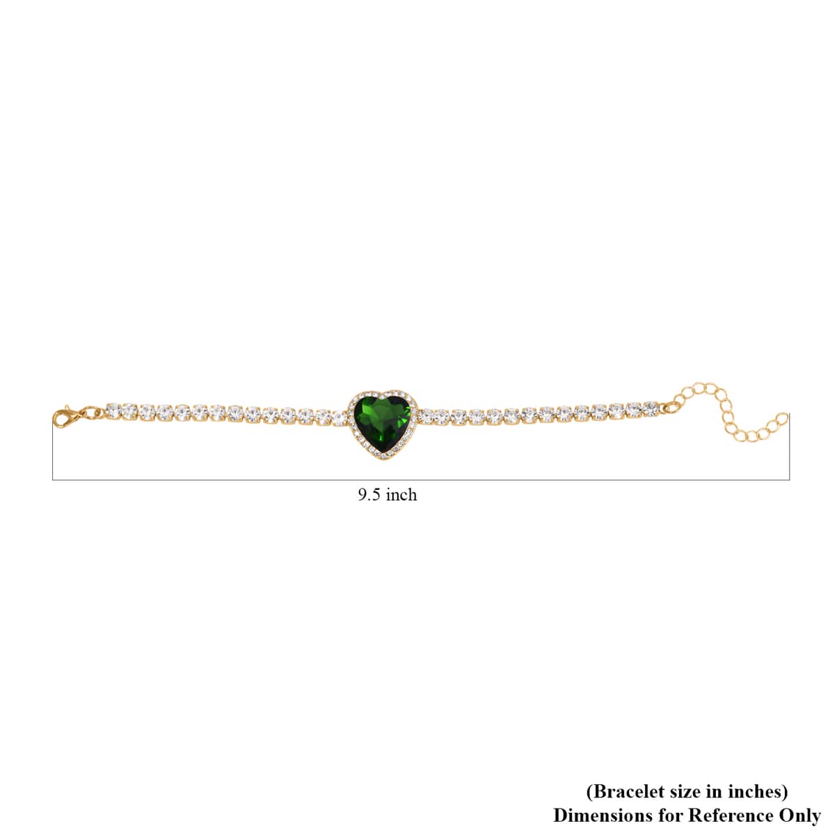 Chrome Green Glass and Austrian Crystal Heart Bracelet (7.50-9.50In) and Earrings in Goldtone image number 4