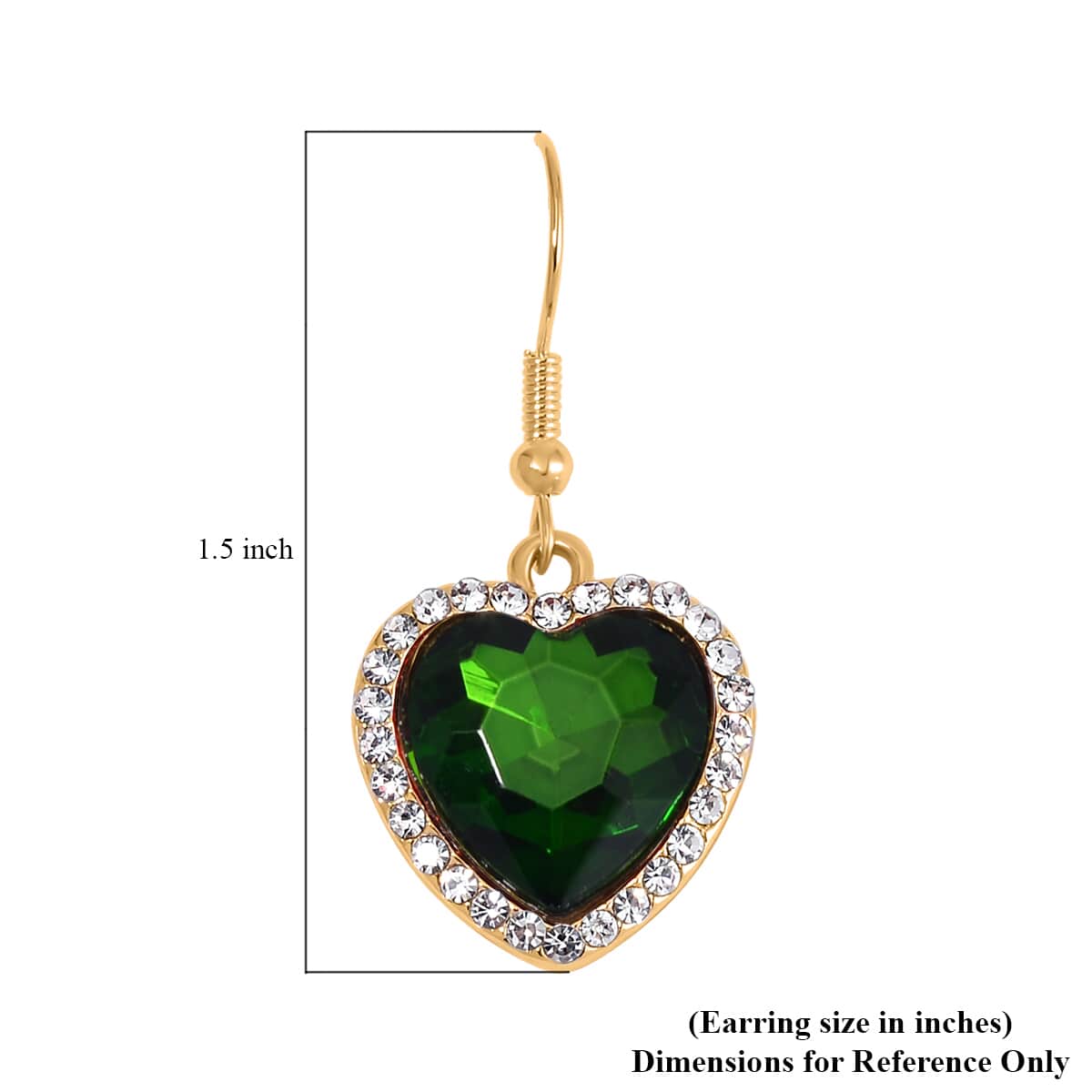 Chrome Green Glass and Austrian Crystal Heart Bracelet (7.50-9.50In) and Earrings in Goldtone image number 7