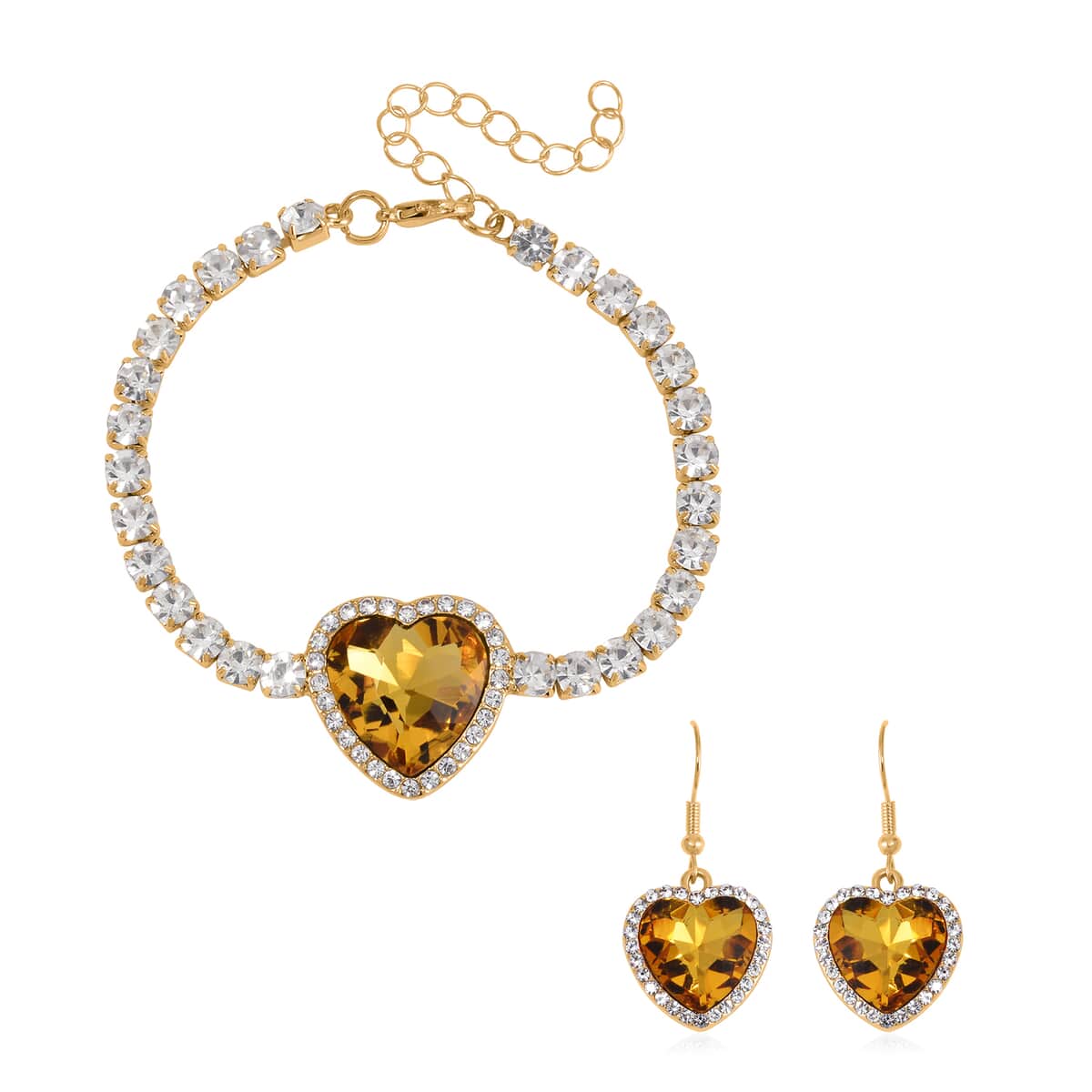 Yellow Glass and Austrian Crystal Heart Bracelet (7.50-9.50In) and Earrings in Goldtone image number 0