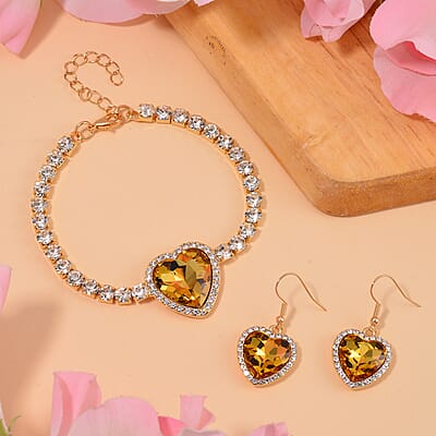 Yellow Glass and Austrian Crystal Heart Bracelet (7.50-9.50In) and Earrings in Goldtone