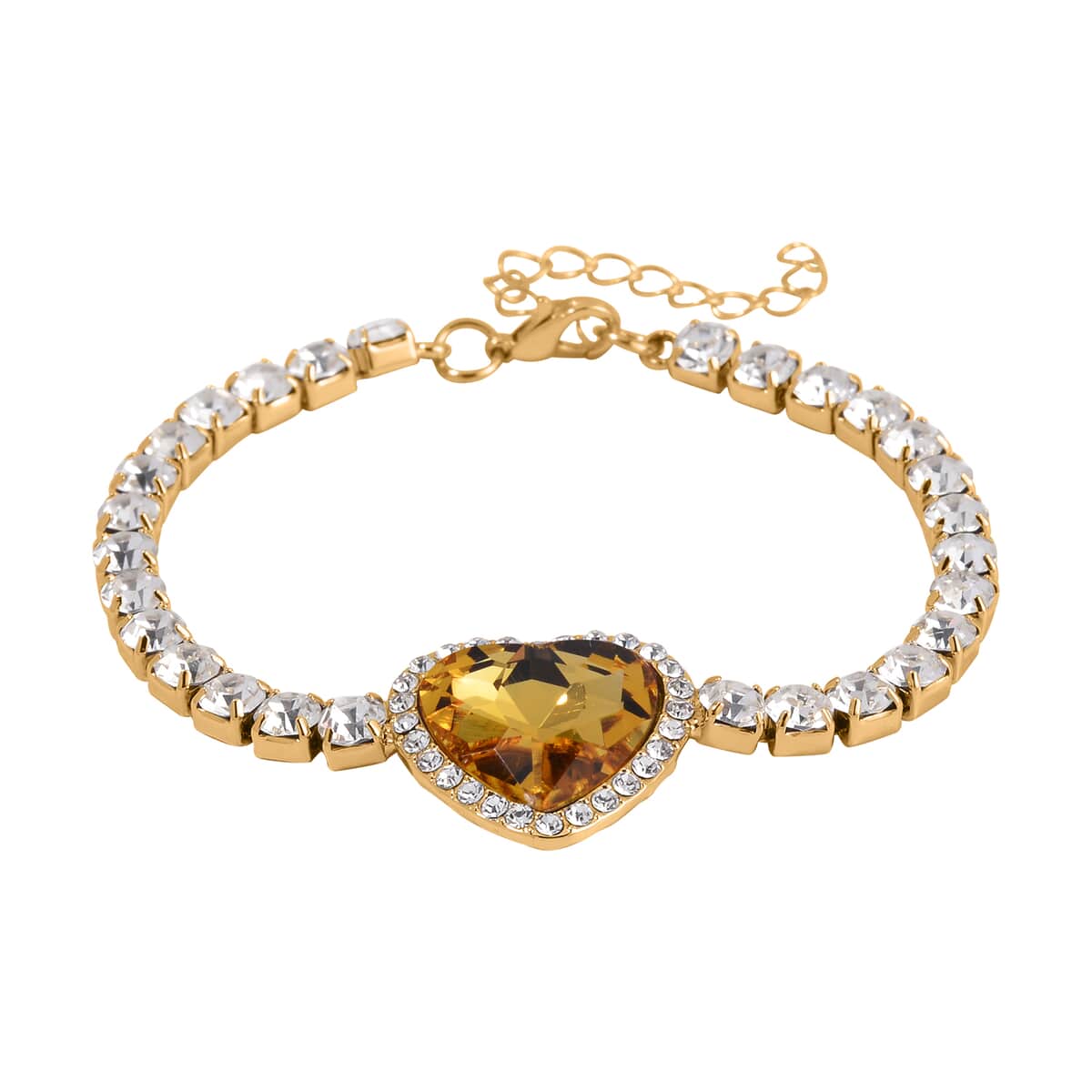 Yellow Glass and Austrian Crystal Heart Bracelet (7.50-9.50In) and Earrings in Goldtone image number 2