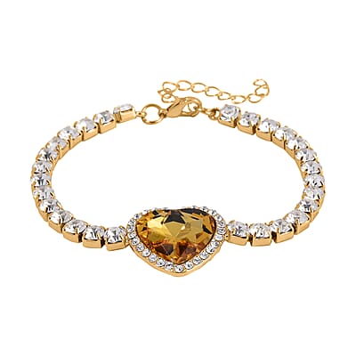 Yellow Glass and Austrian Crystal Heart Bracelet (7.50-9.50In) and Earrings in Goldtone