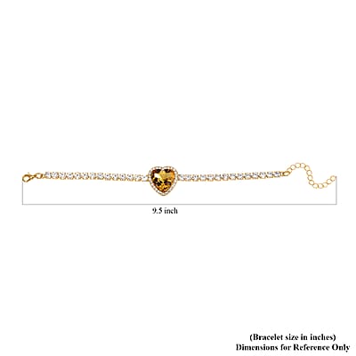 Yellow Glass and Austrian Crystal Heart Bracelet (7.50-9.50In) and Earrings in Goldtone