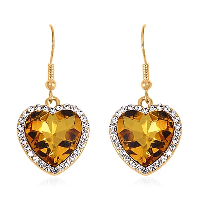 Yellow Glass and Austrian Crystal Heart Bracelet (7.50-9.50In) and Earrings in Goldtone