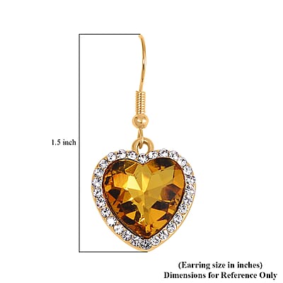 Yellow Glass and Austrian Crystal Heart Bracelet (7.50-9.50In) and Earrings in Goldtone