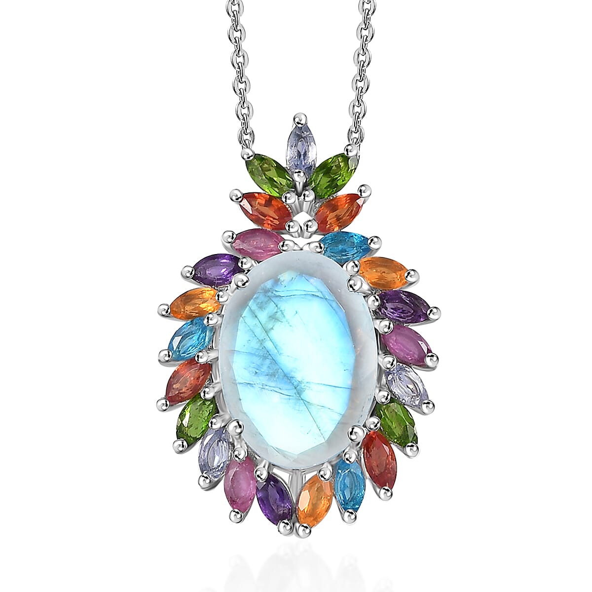 Premium Rainbow Moonstone and Multi Gemstone Cocktail Pendant Necklace 20 Inches in Platinum Over Sterling Silver 8.00 ctw image number 0