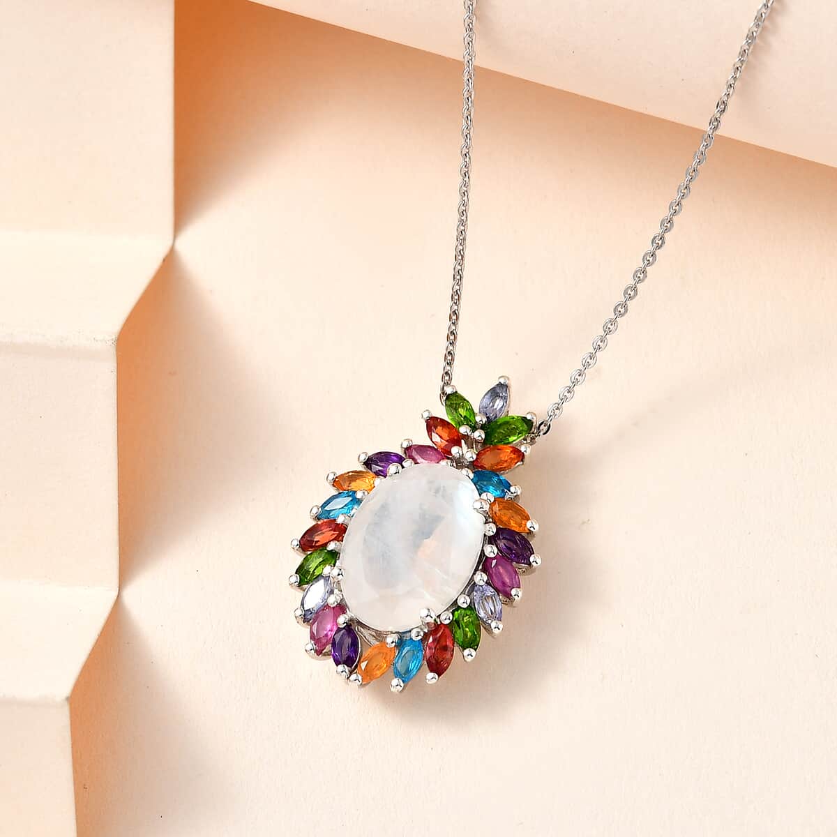 Premium Rainbow Moonstone and Multi Gemstone Cocktail Pendant Necklace 20 Inches in Platinum Over Sterling Silver 8.00 ctw image number 1