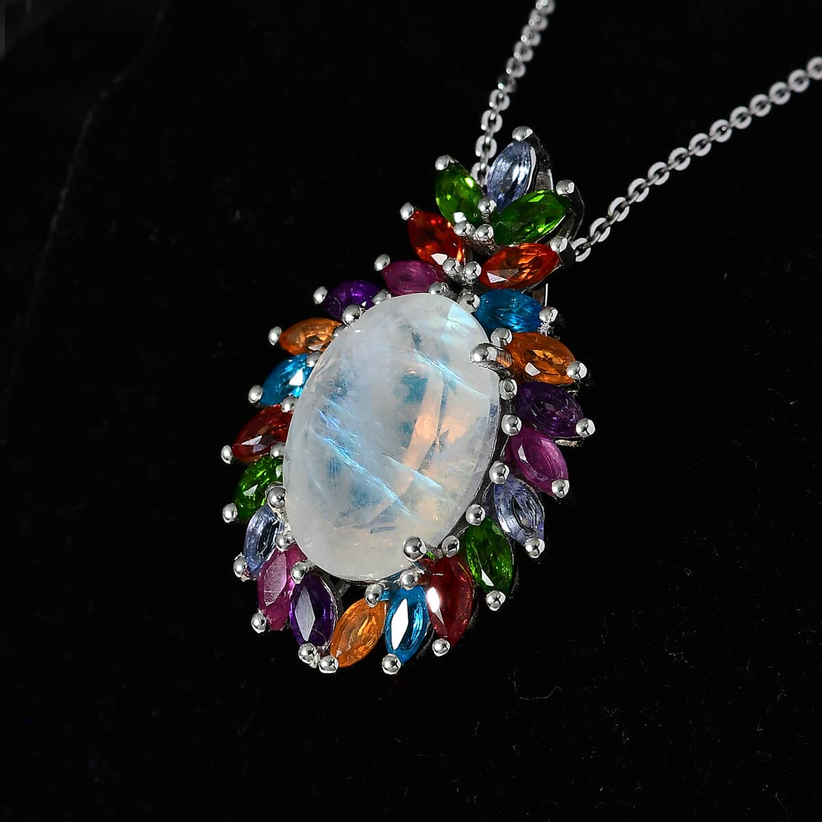 Premium Rainbow Moonstone and Multi Gemstone Cocktail Pendant Necklace 20 Inches in Platinum Over Sterling Silver 8.00 ctw image number 2